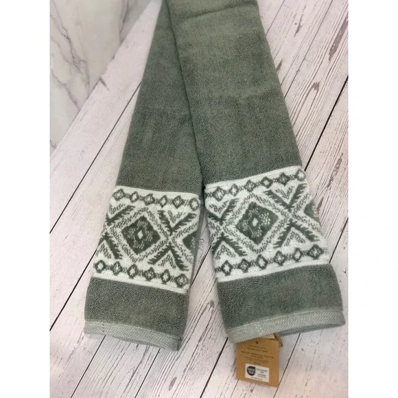 Wrangler Hand Towel Set 2pc Sage Green Southwestern Geometric Jacquard Border - Picture 4 of 4